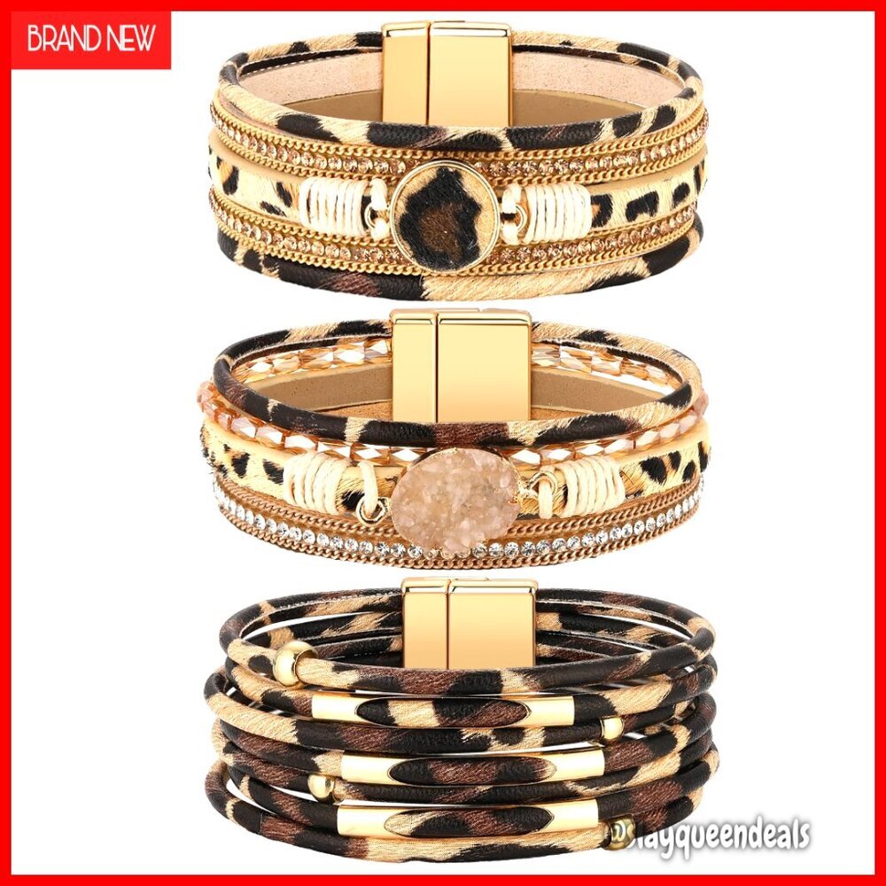 3-Piece Faux Leather Cuff Bracelet Set with Magnetic Clasp